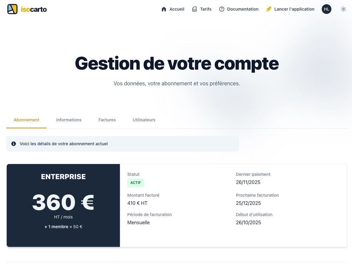 Capture d&#39;écran de l&#39;onglet &#39;Abonnement&#39; avec les sections &#39;Votre abonnement actuel&#39;, &#39;Historique des factures&#39; et &#39;Moyens de paiement&#39; visibles