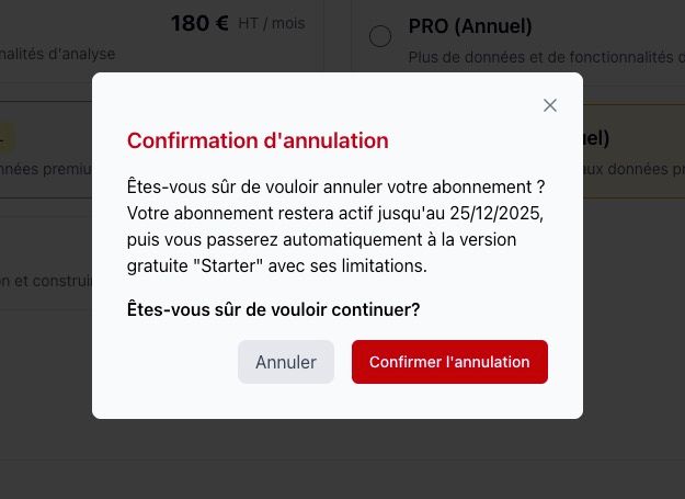 Fenêtre de confirmation d&#39;annulation avec le message &#39;Êtes-vous sûr de vouloir annuler votre abonnement ?&#39; et les boutons &#39;Annuler&#39; et &#39;Confirmer&#39;