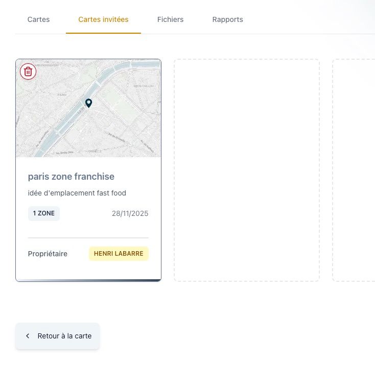 Vue de l'onglet 'Cartes invitées' avec la liste des cartes partagées et les informations du propriétaire