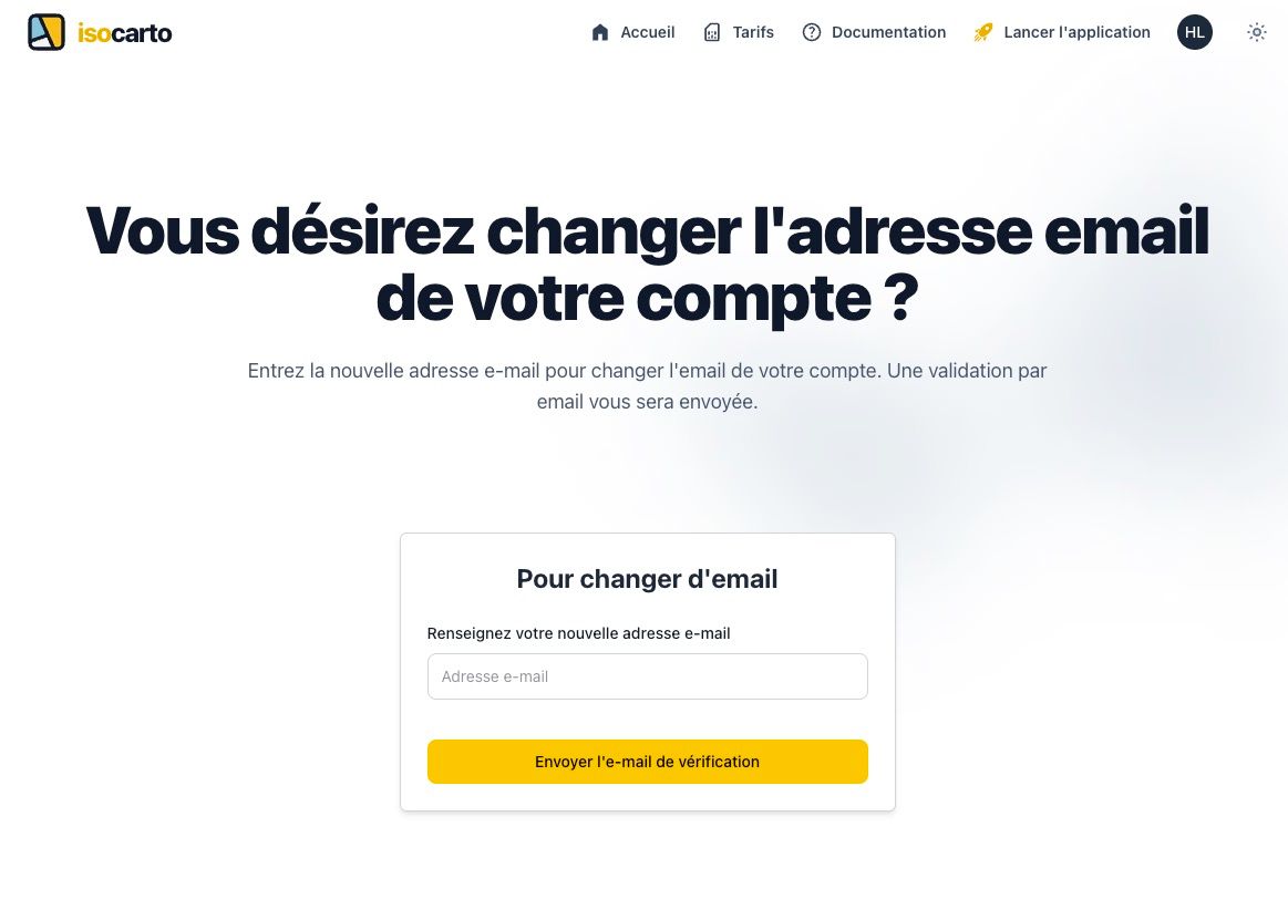 Formulaire de changement d&#39;email avec les champs &#39;Nouvel email&#39; et &#39;Confirmer le nouvel email&#39; et bouton &#39;Mettre à jour&#39;
