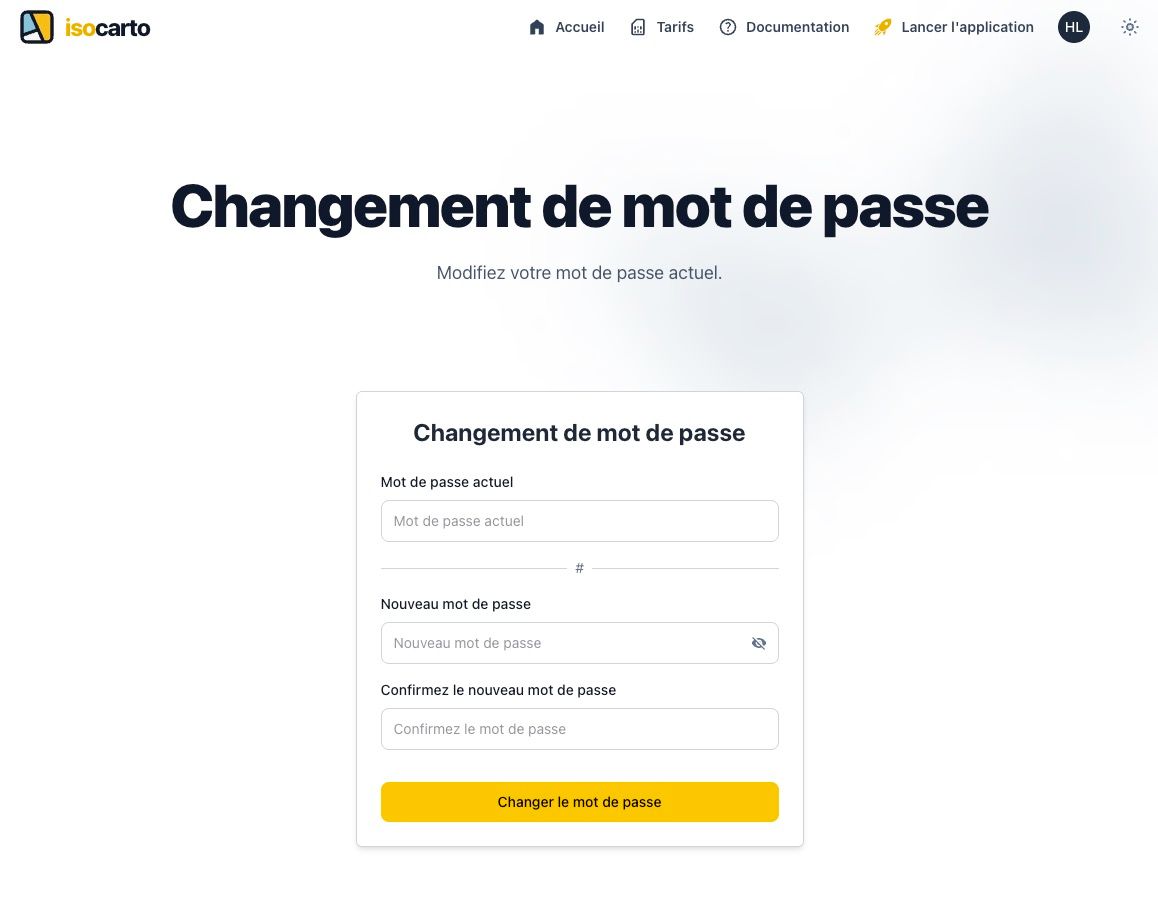 Formulaire de changement de mot de passe avec les champs &#39;Mot de passe actuel&#39;, &#39;Nouveau mot de passe&#39; et &#39;Confirmer le nouveau mot de passe&#39;