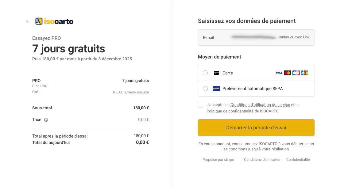 Formulaire de paiement Stripe avec les champs pour les informations de carte bancaire et la case à cocher pour accepter les conditions
