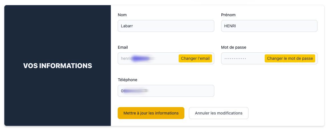 Capture d&#39;écran de la section &#39;Informations personnelles&#39; avec les champs Nom, Prénom, Email, Mot de passe et Téléphone