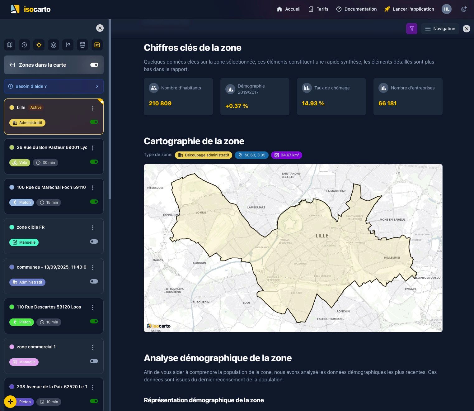 Interface d&#39;Isocarto en thème sombre avec la barre de navigation noire et le fond de carte sombre