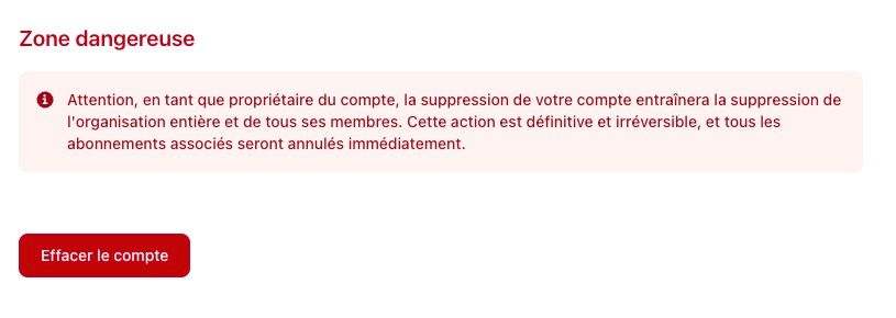 Section &#39;Supprimer définitivement le compte&#39; avec le bouton rouge &#39;Supprimer mon compte&#39; et un message d&#39;avertissement sur l&#39;irréversibilité de l&#39;action