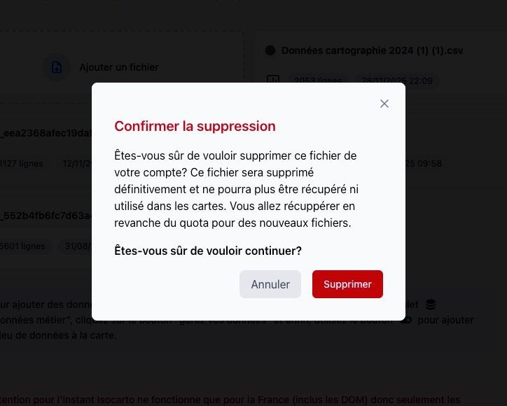Fenêtre de confirmation de suppression avec le message d'avertissement et les boutons 'Annuler' et 'Supprimer'