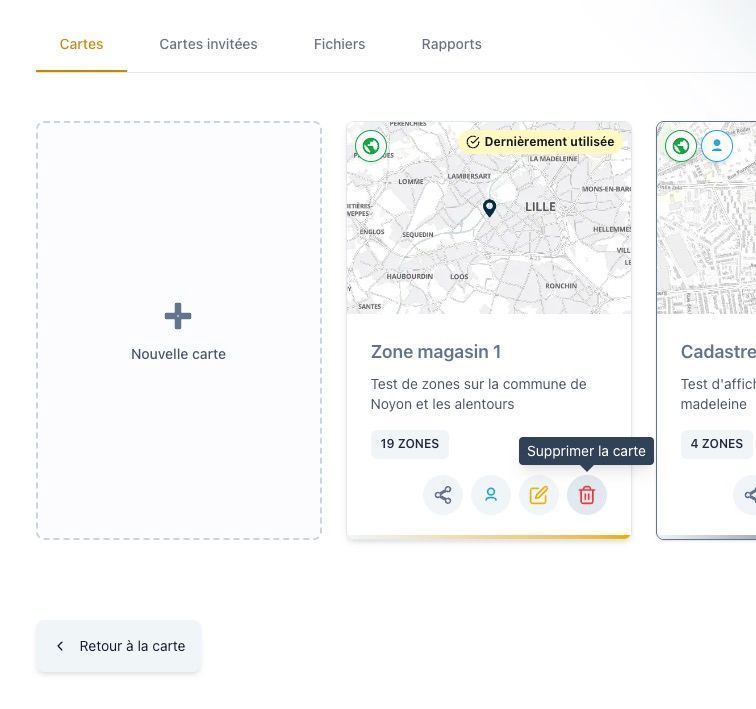 Interface 'Vos cartes' avec le bouton de suppression (icône de poubelle) mis en évidence