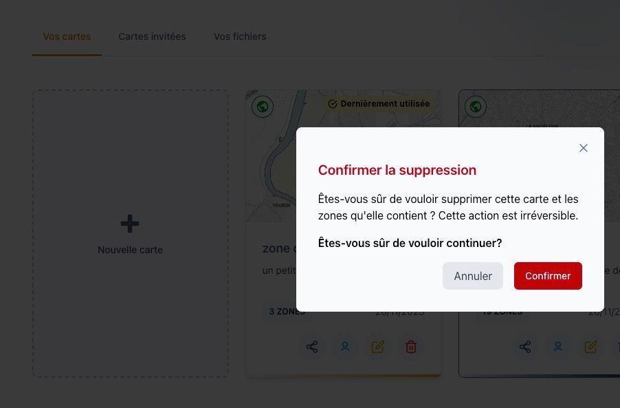 Fenêtre modale de confirmation de suppression avec le message 'Êtes-vous sûr de vouloir supprimer cette carte ?' et les boutons 'Annuler' et 'Supprimer'