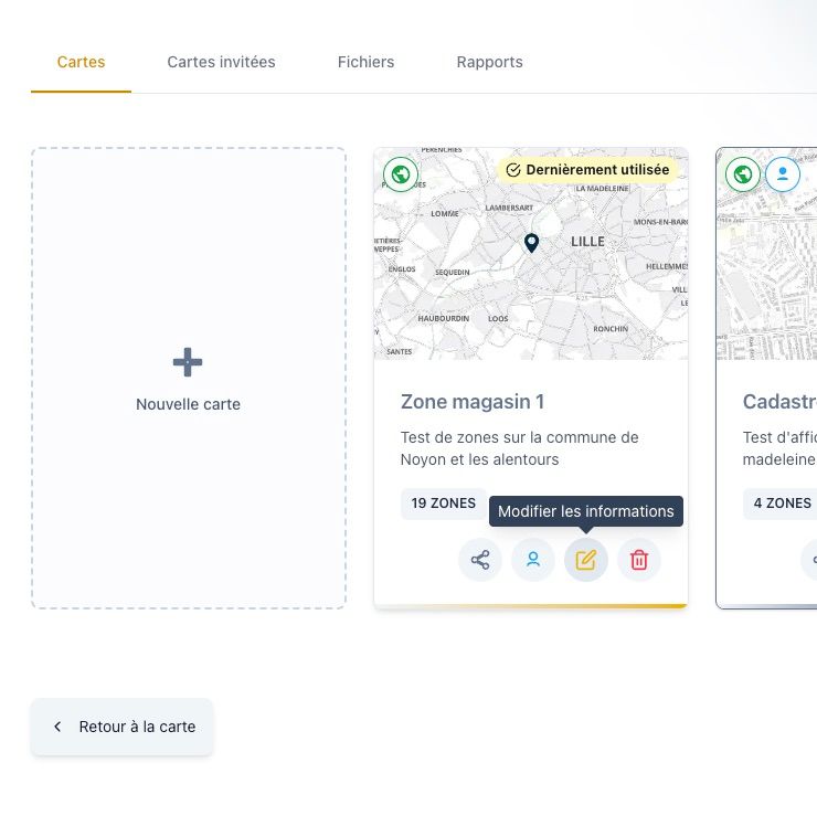 Interface 'Vos cartes' avec le bouton d'édition (icône de crayon) mis en évidence pour modifier une carte