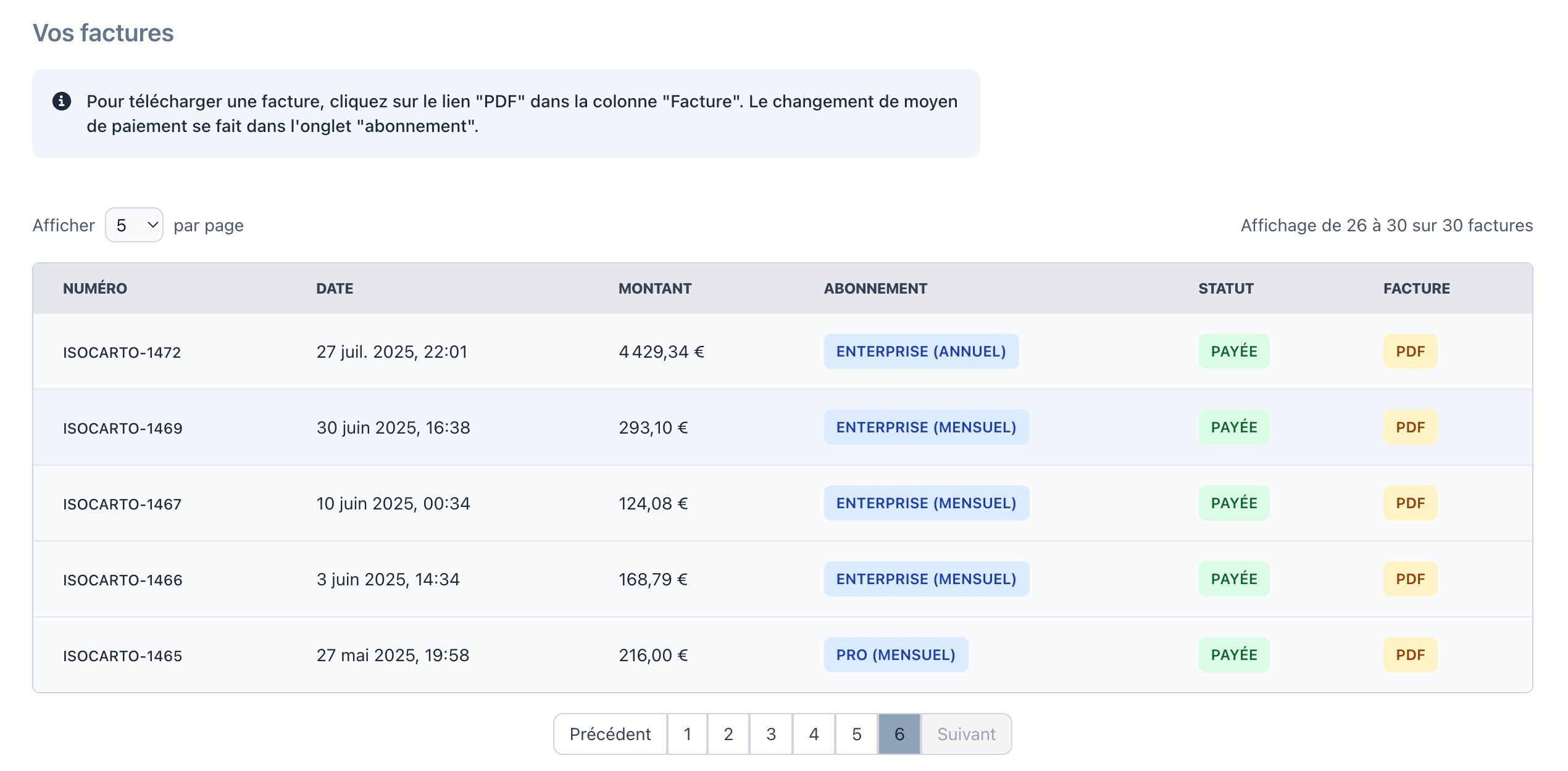 Liste des factures dans l&#39;historique