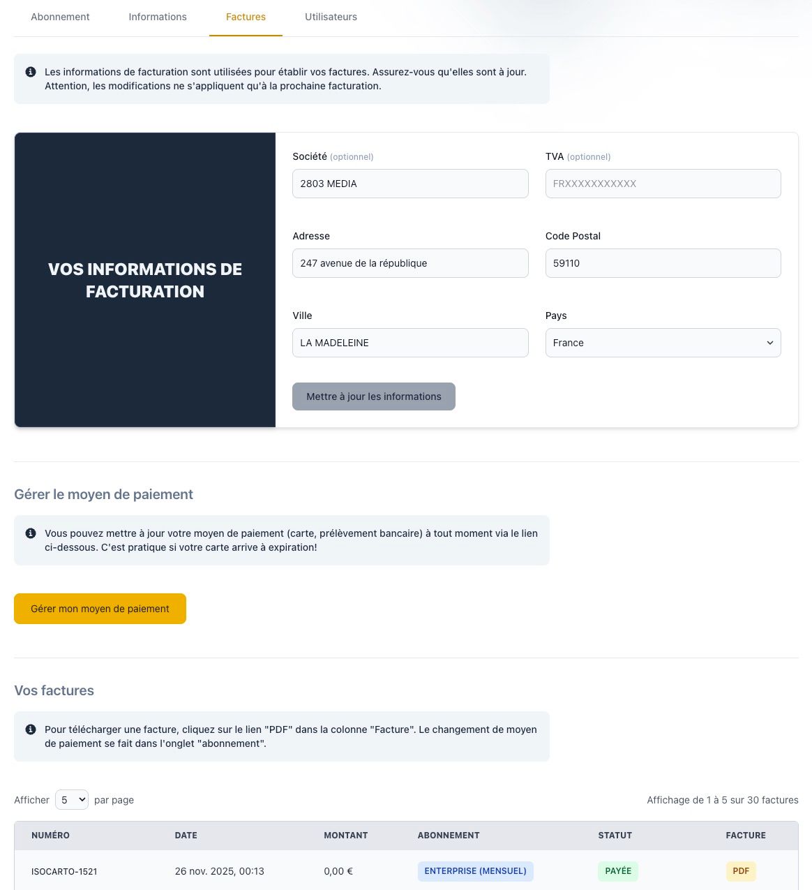 Vue d'ensemble de l'onglet Facturation avec les sections 'Informations de facturation', 'Moyens de paiement' et 'Historique des factures' visibles