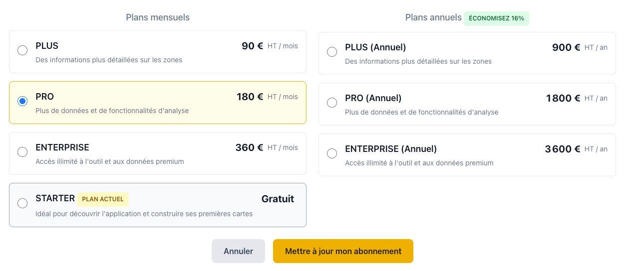 Interface de sélection de plan avec les différentes offres disponibles et le bouton 'Mettre à jour l'abonnement' en évidence