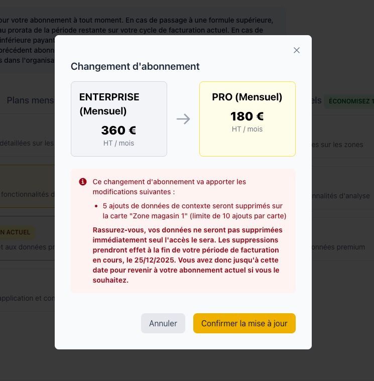 Fenêtre de confirmation de rétrogradation indiquant que les changements prendront effet à la prochaine période de facturation