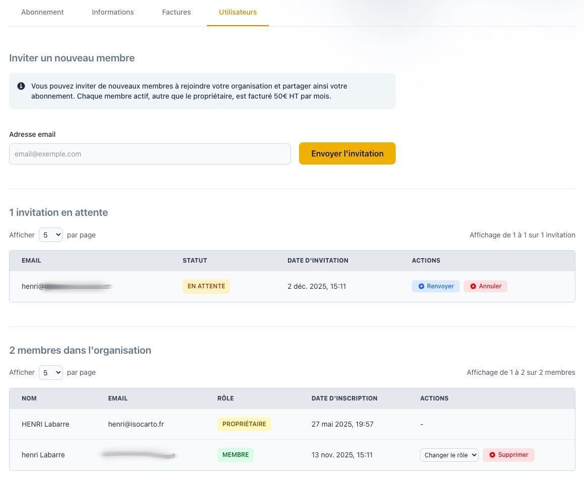 Tableau des membres de l&#39;organisation avec colonnes pour le nom, l&#39;email, le rôle et la date d&#39;ajout
