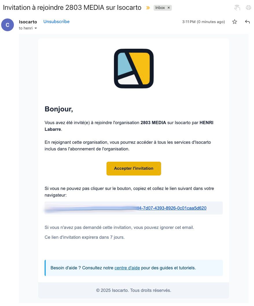 Aperçu de l&#39;email d&#39;invitation reçu par le nouveau membre avec les détails de l&#39;organisation et le bouton &#39;Accepter l&#39;invitation&#39;