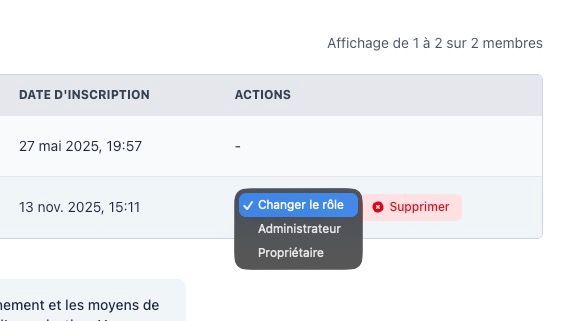 Menu déroulant des rôles disponibles (Propriétaire, Administrateur, Membre) avec le rôle actuel sélectionné