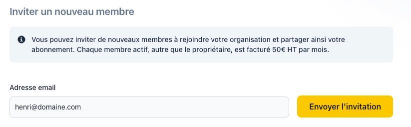 Formulaire d&#39;invitation d&#39;un nouveau membre avec champ d&#39;email et bouton d&#39;envoi d&#39;invitation