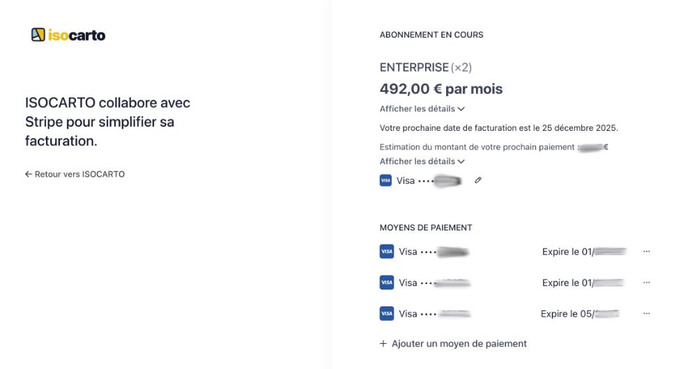 Tableau de bord Stripe sécurisé avec la liste des méthodes de paiement enregistrées