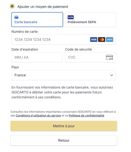 Formulaire de configuration du prélèvement SEPA avec les champs IBAN et coordonnées du titulaire du compte