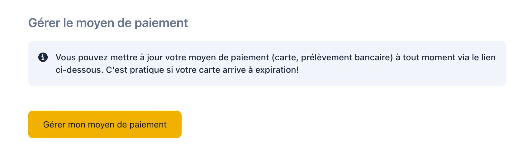 Section 'Moyens de paiement' avec le bouton 'Gérer les moyens de paiement' mis en évidence