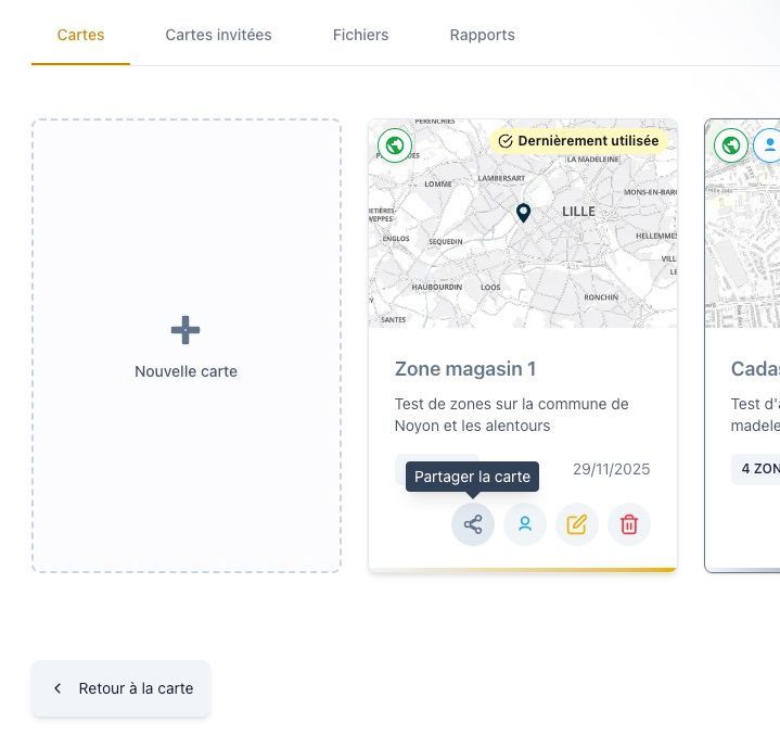 Interface de la page &#39;Vos cartes&#39; avec le bouton de partage d&#39;une carte sélectionnée