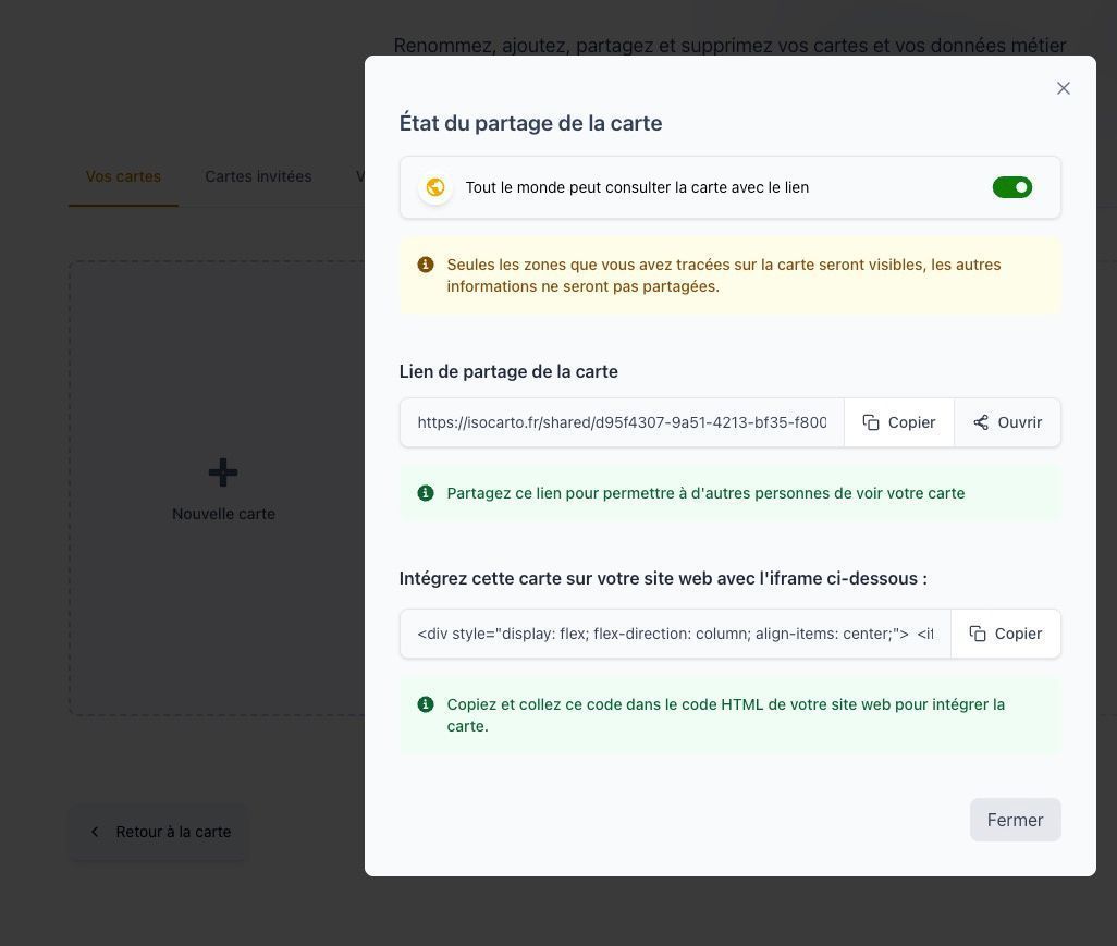 Interface de partage public avec options de lien direct et code d&#39;intégration iFrame