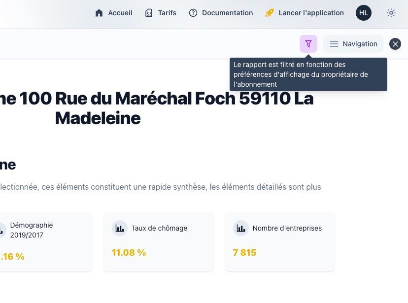 Barre d&#39;outils du rapport avec l&#39;icône de filtre mis en évidence pour accéder aux options de personnalisation