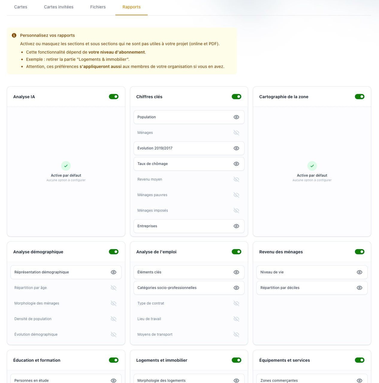 Interface de personnalisation des rapports avec les sections activables/désactivables et les options de configuration