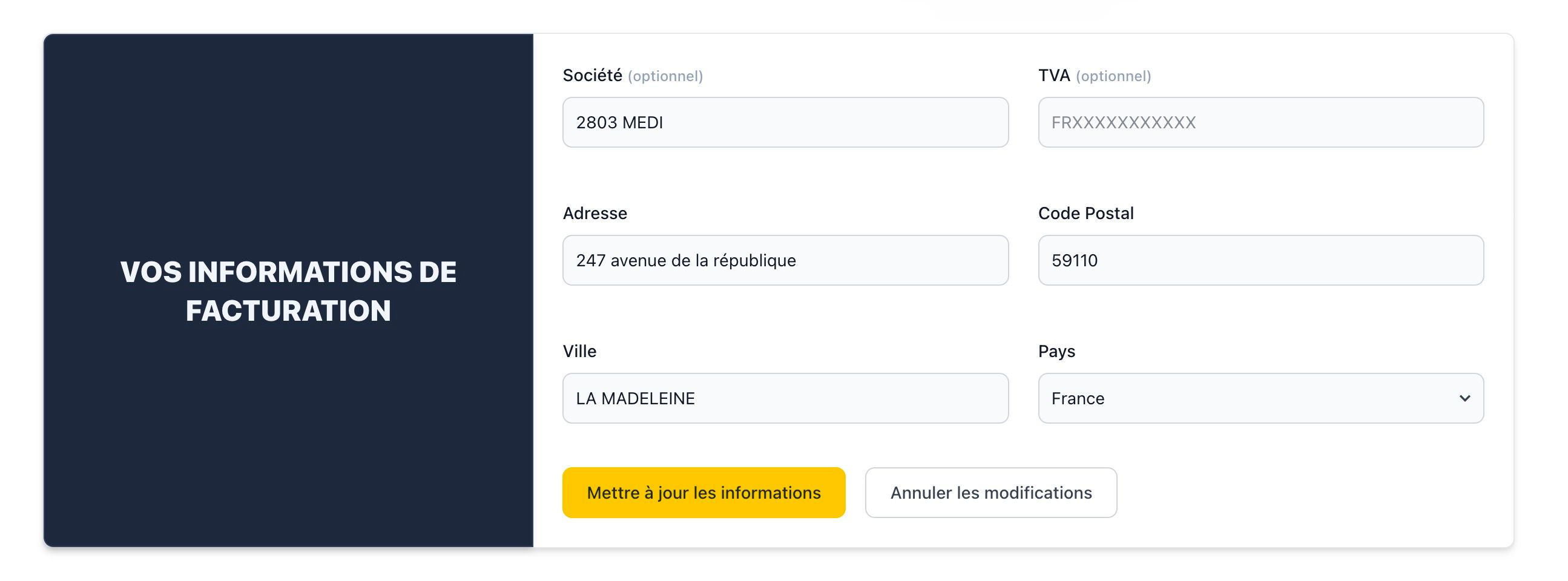 Formulaire de mise à jour des informations de facturation