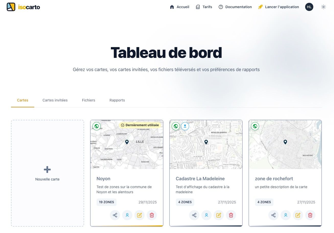Vue d&#39;ensemble du tableau de bord des cartes montrant la liste des cartes avec leurs noms, descriptions et nombre de zones associées