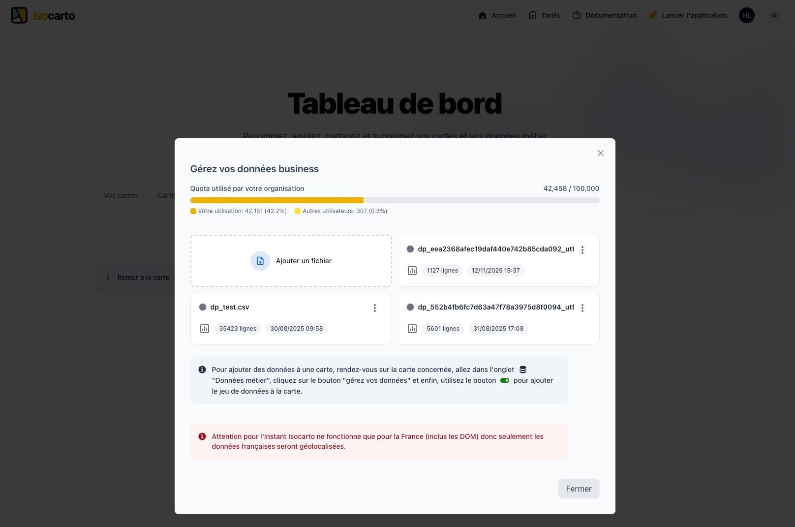 Interface de gestion des fichiers avec la liste des fichiers importés, l&#39;indicateur d&#39;utilisation du quota et les boutons d&#39;action (ajouter, éditer, supprimer)