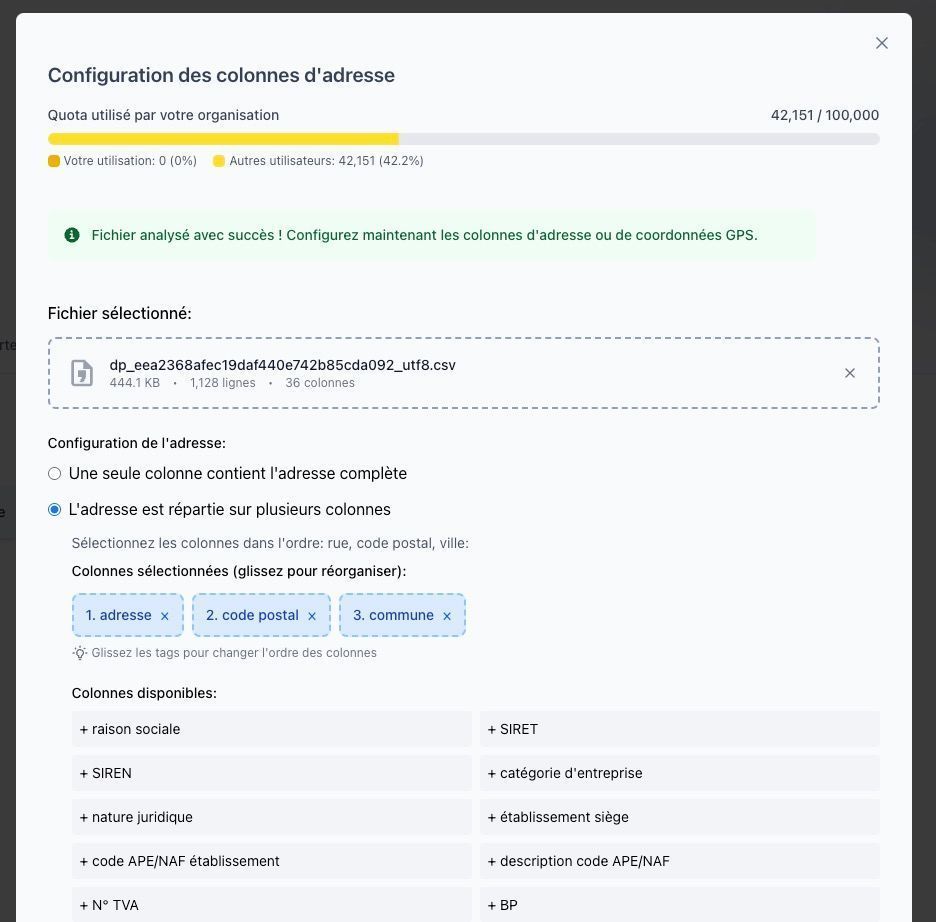 Interface de sélection des colonnes d&#39;adresse avec les champs pour la rue, le code postal et la ville