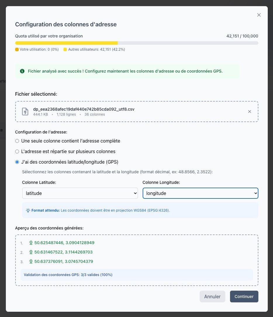 Interface de sélection des colonnes de coordonnées GPS (latitude et longitude)