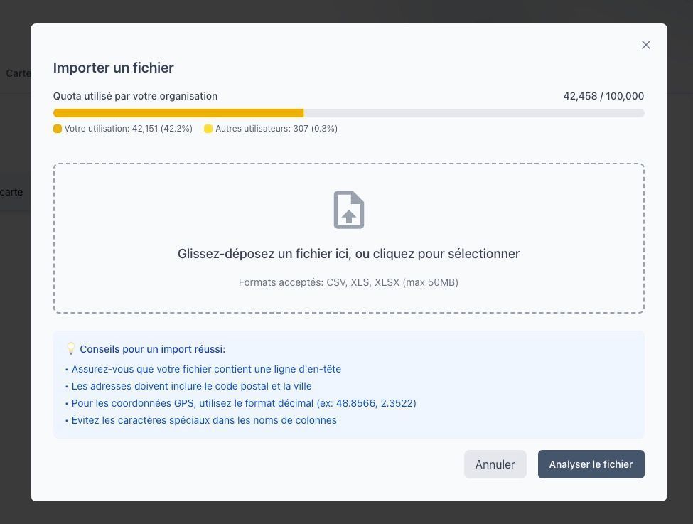 Interface d&#39;ajout de fichier avec le bouton de sélection de fichier et les formats acceptés (CSV, XLSX, XLS)